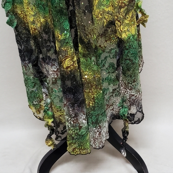 80s Rare Vintage Surprise Parties Green Tie-Dye Sheer Lace Lace-up Bustle Dress - Picture 15 of 16